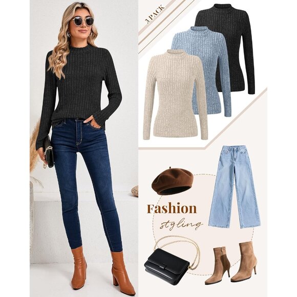 3 Pack Women's Lightweight Sweaters Basic Slim Fitted Mock Neck Long Sleeve - Picture 3 of 5